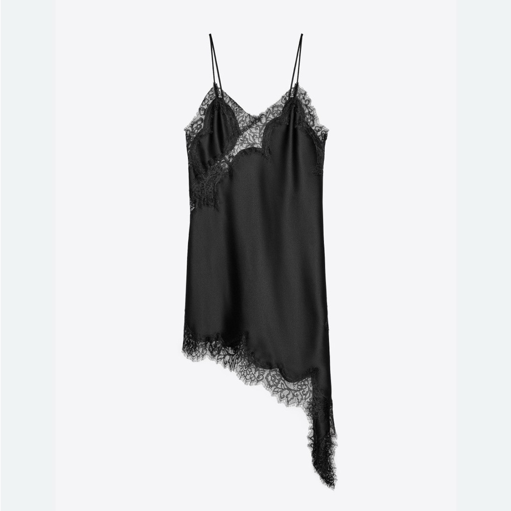 S - Zara Black Satin Lace Asymmetrical Slip Collection Dress